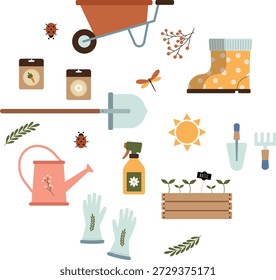 Hand drawn vector spring gardening tools and nature elements. Set of cute stickers in simple shapes. Collection of illustrations