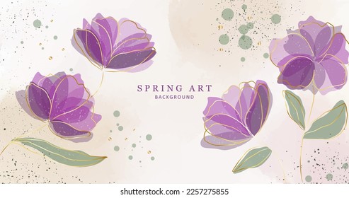 Ilustración de resorte de vectores dibujados a mano con hermosas flores moradas y elementos dorados para tarjetas, presentaciones, fondos, fondos de pantalla, cubiertas