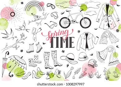 Hand drawn vector spring objects set. Collection of spring accessories isolated on white background. Monochrome illustrations for coloring books.