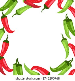 Hand drawn vector square frame of peppers. Vegetarian food theme. Cartoon style. Spicy food.