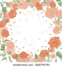 Hand- drawn vector square frame with different dahlias and leaves, petals and  isolated on white background. Hand- drawn illustrations of flowers for invitation, wedding or greeting cards