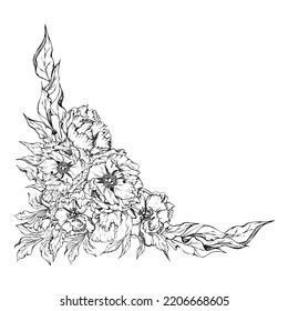 Hand drawn vector square frame wreath arrangement with peony flowers, buds and leaves. Isolated on white background. Design for wedding or greeting cards, invitations, wallpaper, print, textile