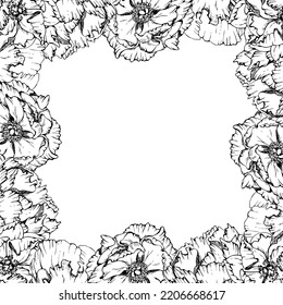Hand drawn vector square frame wreath arrangement with peony flowers, buds and leaves. Isolated on white background. Design for wedding or greeting cards, invitations, wallpaper, print, textile