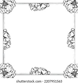 Hand drawn vector square frame wreath arrangement with peony flowers, buds and leaves. Isolated on white background. Design for wedding or greeting cards, invitations, wallpaper, print, textile
