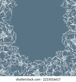 Hand drawn vector square frame wreath arrangement with peony flowers, buds and leaves. Isolated on white background. Design for wedding or greeting cards, invitations, wallpaper, print, textile