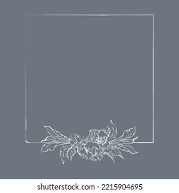Hand drawn vector square frame wreath arrangement with peony flowers, buds and leaves. Isolated on white background. Design for wedding or greeting cards, invitations, wallpaper, print, textile