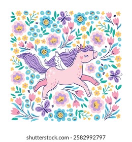 Hand drawn vector square frame. Cute unicorn among fantasy flowers. Bright illustration in pastel colors for design children's room, clothing, nursery, poster poster on white background