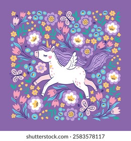 Hand drawn vector square frame. Cute unicorn among fantasy flowers. Bright illustration in pastel colors for design children's room, clothing, nursery, poster