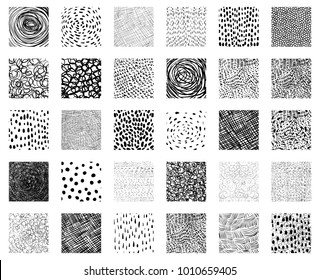 Hand drawn vector square texture shapes with lines, dots, scribbles and other strokes for graphic design