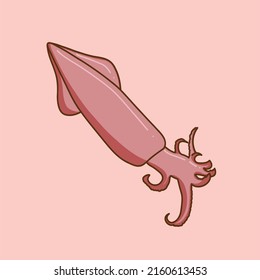 Hand drawn vector of squid or cuttlefish isolated on light pink background.