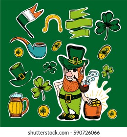 Hand drawn vector St. Patrick' Day set. Doodles.Symbols of Irish holiday. Stickers.