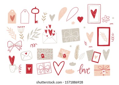 Hand drawn vector St. Valentine's Day Flat lay. Romantic collection Flat lay with love, heart and cards