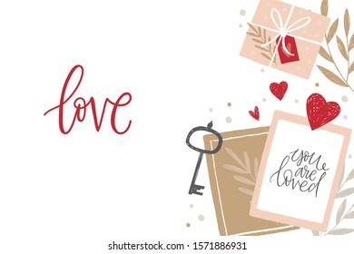 Hand drawn vector St. Valentine's Day Flat lay. Romantic collection Flat lay with love, heart and cards