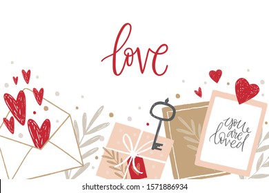 Hand drawn vector St. Valentine's Day Flat lay. Romantic collection Flat lay with love, heart and cards