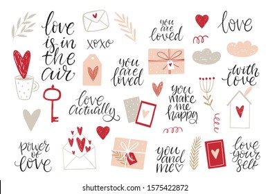 Hand drawn vector St. Valentine's Day Flat lay. Romantic collection Flat lay with love, heart and cards. Vector set in scandinavian style