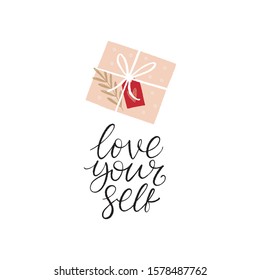 Hand drawn vector St. Valentine's Day quote - Love yourself . Romantic collection with love, heart and cards