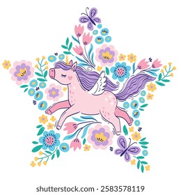 Hand drawn vector star shape frame. Cute unicorn among fantasy flowers on white background. Bright illustration in pastel colors for design children's room, clothing, nursery, poster