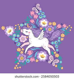 Hand drawn vector star shape frame. Cute unicorn among fantasy flowers on purple background. Bright illustration in pastel colors for design children's room, clothing, nursery, poster