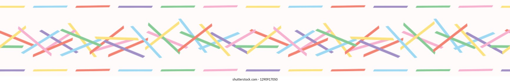 Hand drawn vector stick shape stripes. Seamless repeating border. Kawaii pastel flat color illustration for birthday party and kids celebration banner ribbon or washi tape.