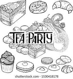 Hand drawn vector sticker pack with piece of cake, macaroons, biscuits, cupcake and Tea Party lettering. Good for cafe, coffee shop, bakery or confectionery
