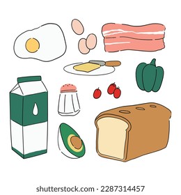 Hand drawn vector sticker pack with breakfast theme, tasty food, salt, bacon, cherry tomatoes, pepper, avocado, milk, eggs, bakery, butter, fresh bread.