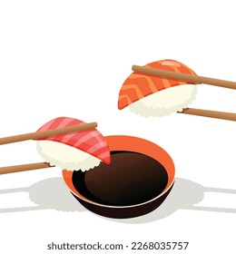 Hand drawn vector still life of chopsticks with a sushi and a bowl of soya sauce 