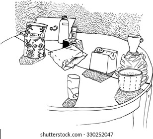 hand drawn vector still life with tea and coffee mugs and milk on round table 