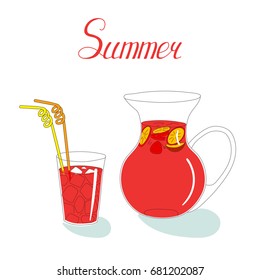 Hand drawn vector still life with pitcher of sangria with fruits and berries and a glass with drinking straws and ice, with written text. Isolated objects on white background. Design concept drinks.