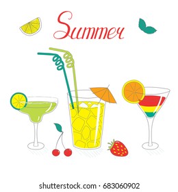 Hand drawn vector still life with cocktails in different glasses with fruits, berries and mint leaves, with written text. Isolated objects on white background. Design concept refreshments and drinks.