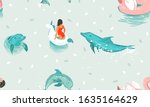 Hand drawn vector stock abstract cute summer time cartoon illustrations seamless pattern with unicorn rubber ring and dolphins in blue ocean water background