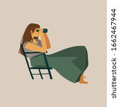 Hand drawn vector stock abstract graphic illustration with a girl sitting on a chair and looking through binoculars on a wild safari isolated on white background
