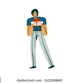 Hand drawn vector stock abstract graphic Valentines day illustration with guy embarrassed guy gives a present isolated on white background