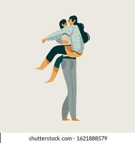 Hand drawn vector stock abstract graphic Valentines day illustration with young romantic guy holding beautiful girl in his arms isolated on white background
