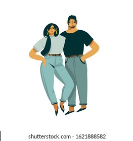 Hand drawn vector stock abstract graphic Valentines day illustration with young romantic couple in jeans isolated on white background
