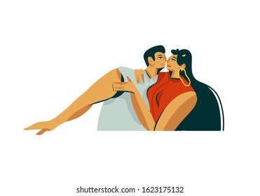 Hand drawn vector stock abstract graphic Valentines day illustration with young romantic beautiful couple together kissing isolated on white background