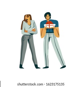 Hand drawn vector stock abstract graphic Valentines day illustration with young romantic couple in conflict isolated on white background