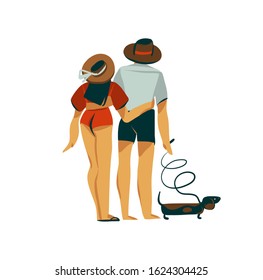 Hand drawn vector stock abstract graphic Valentines day flat illustration with young romantic couple walking on the beach with dog isolated on white background