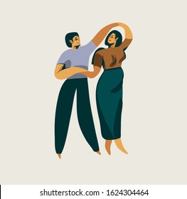 Hand drawn vector stock abstract graphic Valentines day flat illustration with young romantic beautiful pregnant couple dancing isolated on white background