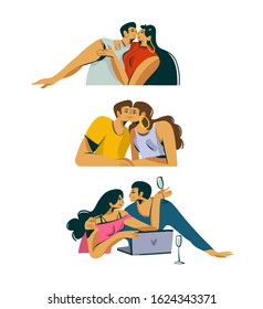 Hand drawn vector stock abstract graphic Valentines day flat illustration with young romantic couple together collection set bundle isolated on white background