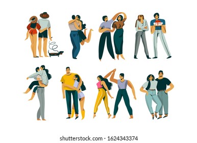 Hand drawn vector stock abstract graphic Valentines day flat illustration with young romantic couple together collection set bundle isolated on white background