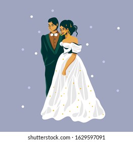 Hand drawn vector stock abstract graphic flat illustration with wedding couple isolated on purpple background