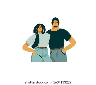 Hand drawn vector stock abstract graphic Valentines day illustration with young romantic couple in jeans isolated on white background