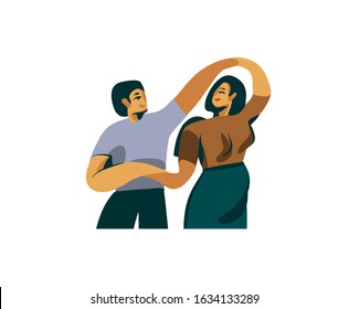 Hand drawn vector stock abstract graphic Valentines day flat illustration with young romantic beautiful pregnant couple dancing isolated on white background