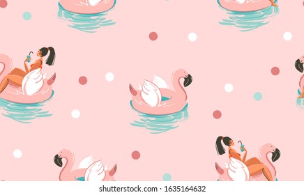 Hand drawn vector stock abstract cute summer time cartoon illustrations seamless pattern with unicorn and flamingo rubbers rings and dolphins isolated on pink background 