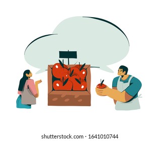 Hand drawn vector stock abstract graphic illustration with salesman character design salles fresh organic home apple to cute girl isolated on white background.