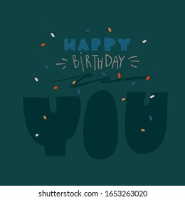 Hand drawn vector stock abstract graphic Happy Birthday illustrations card with handwritten text isolated on black background