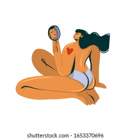 Dibujo gráfico abstracto con material vectorial dibujado a mano con una joven desnuda más grande que se ve a sí misma en el espejo con un tatuaje cardíaco aislado en fondo blanco
