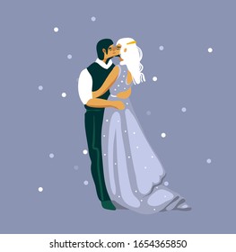 Hand drawn vector stock abstract graphic flat illustration with wedding couple isolated on purpple background