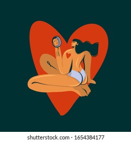 Hand drawn vector stock abstract graphic illustration with young naked girl looking herself in the mirror and big heart isolated on dark black background