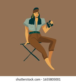 Hand drawn vector stock abstract graphic illustration with a girl sitting on a chair and looking through binoculars on a wild safariisolated on background
